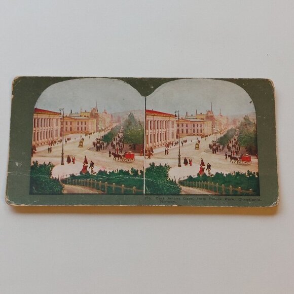 ANTIQUE STEREOGRAPH CARD Carl Johans Gade from Palace Park Christiania Norway - Picture 1 of 3